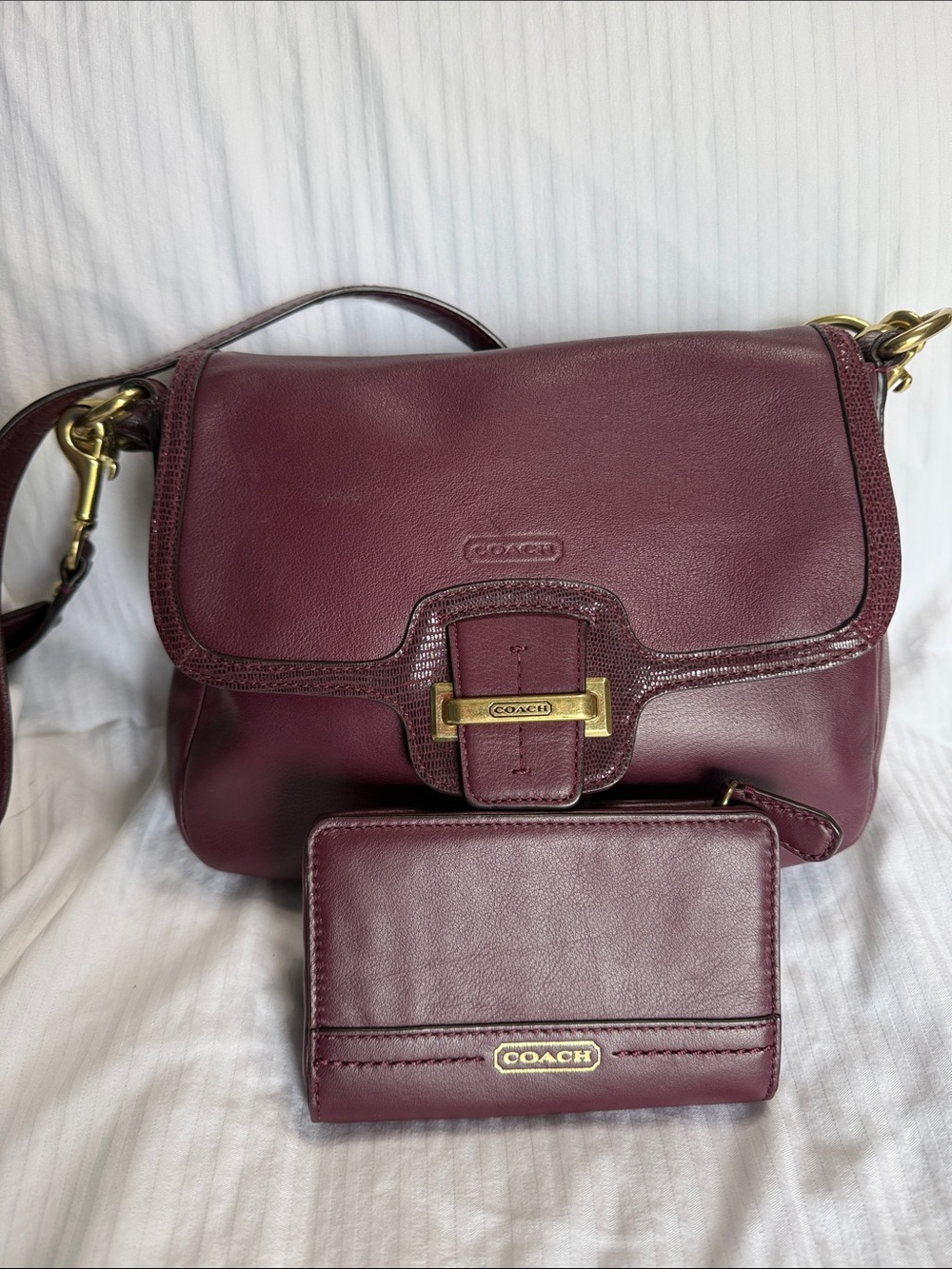 Coach Plum Leather Shoulder Bag with Matching Wallet